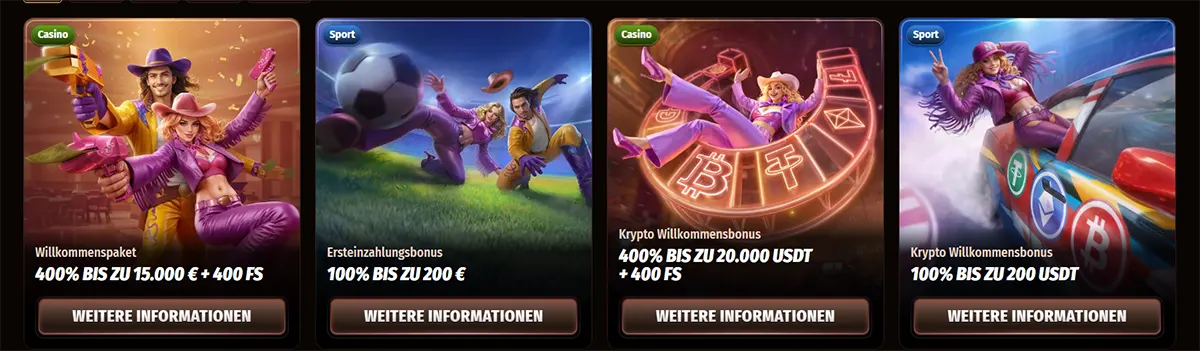German casino promotions row featuring welcome package, first deposit, and crypto welcome bonus cards with illustrated characters and “More Information” buttons on a dark background.