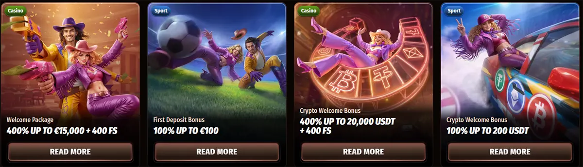 Casino promotions row featuring welcome package, first deposit, and crypto welcome bonus cards with illustrated characters and “Read More” buttons on a dark background.