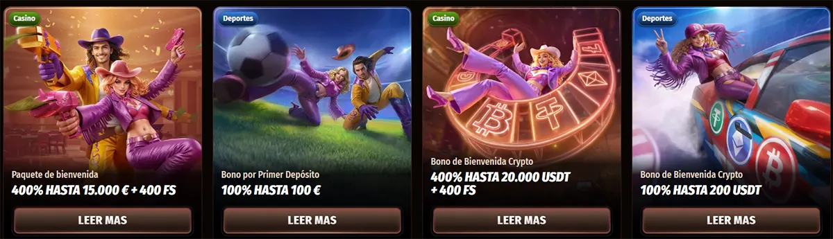 Spanish casino promotions row featuring welcome package, first deposit, and crypto welcome bonus cards with illustrated characters and “Read More” buttons on a dark background.