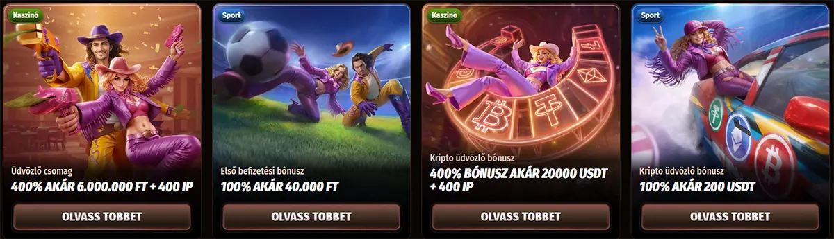 Hungarian casino promotions row featuring welcome package, first deposit, and crypto welcome bonus cards with illustrated characters and “Read More” buttons on a dark background.