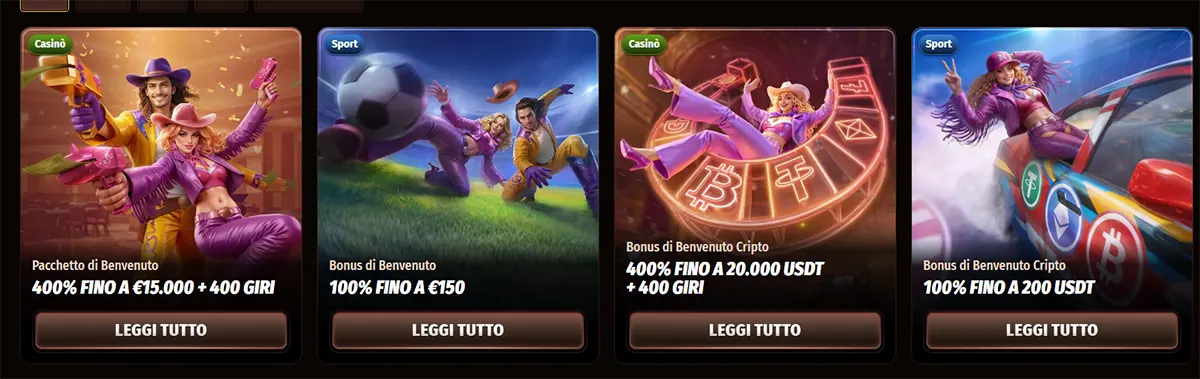 Italian casino promotions row featuring welcome package, welcome bonus, and crypto welcome bonus cards with illustrated characters and “Read All” buttons on a dark background.