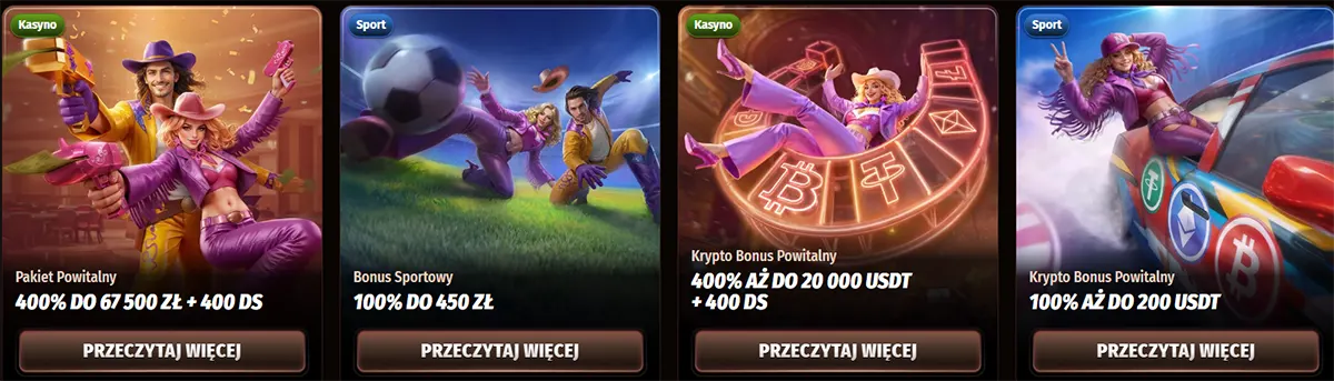 Polish casino promotions row featuring welcome package, sports bonus, and crypto welcome bonus cards with illustrated characters and “Read More” buttons on a dark background.