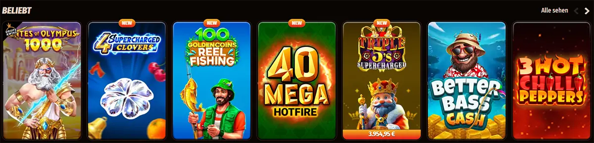 German popular casino games row featuring titles such as Gates of Olympus 1000, 4 Supercharged Clovers, 100 Golden Coins Reel Fishing, 40 Mega Hotfire, Triple 5’s Supercharged, Better Bass Cash, and 3 Hot Chilli Peppers on a dark interface.