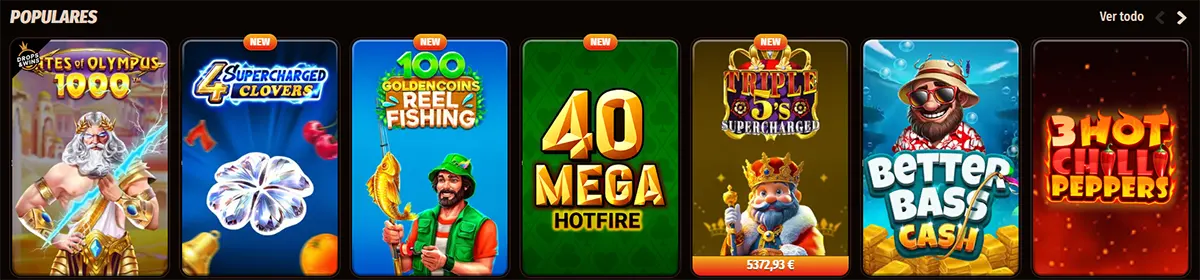 Spanish popular casino games row featuring titles such as Gates of Olympus 1000, 4 Supercharged Clovers, 100 Golden Coins Reel Fishing, 40 Mega Hotfire, Triple 5’s Supercharged, Better Bass Cash, and 3 Hot Chilli Peppers on a dark interface.