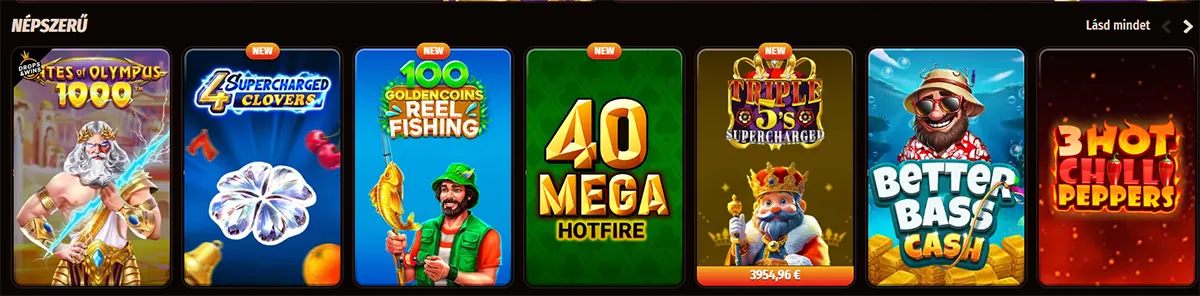 Hungarian popular casino games row featuring titles such as Gates of Olympus 1000, 4 Supercharged Clovers, 100 Golden Coins Reel Fishing, 40 Mega Hotfire, Triple 5’s Supercharged, Better Bass Cash, and 3 Hot Chilli Peppers on a dark interface.