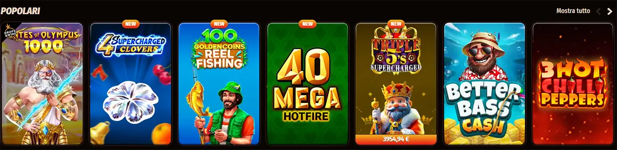 Italian popular casino games row featuring titles such as Gates of Olympus 1000, 4 Supercharged Clovers, 100 Golden Coins Reel Fishing, 40 Mega Hotfire, Triple 5’s Supercharged, Better Bass Cash, and 3 Hot Chilli Peppers on a dark interface.