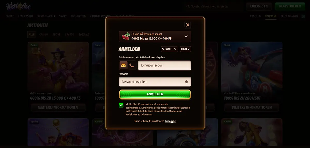 German casino sign-up popup with a welcome package offer of 400% up to €15,000 plus 400 free spins, featuring email and password fields, a bright green registration button, and a dark promotions background.