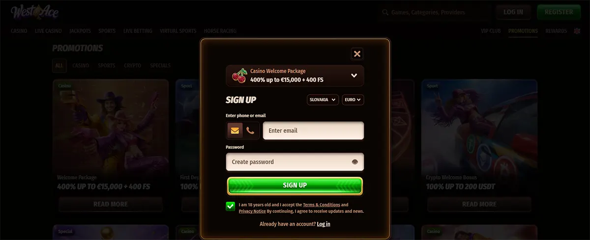 Casino sign-up popup with a welcome package offer of 400% up to €15,000 plus 400 free spins, featuring email and password fields, a bright green sign-up button, and a dark promotions background.