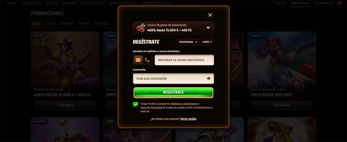 Spanish casino sign-up popup with a welcome package offer of 400% up to €15,000 plus 400 free spins, featuring email and password fields, a bright green registration button, and a dark promotions background.