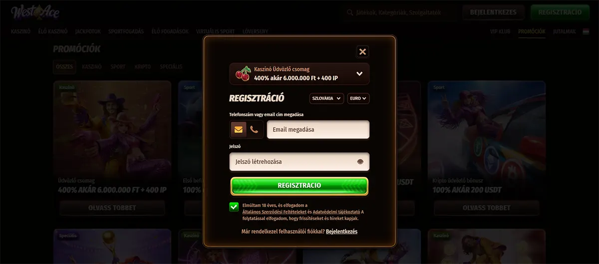 Hungarian casino sign-up popup with a welcome package offer of 400% up to 6,000,000 Ft plus 400 free spins, featuring email and password fields, a bright green registration button, and a dark promotions background.