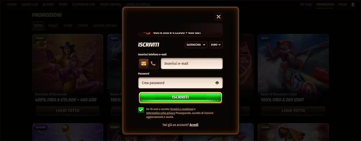 Italian casino sign-up popup with email and password fields, a bright green registration button, and a dark promotions background.