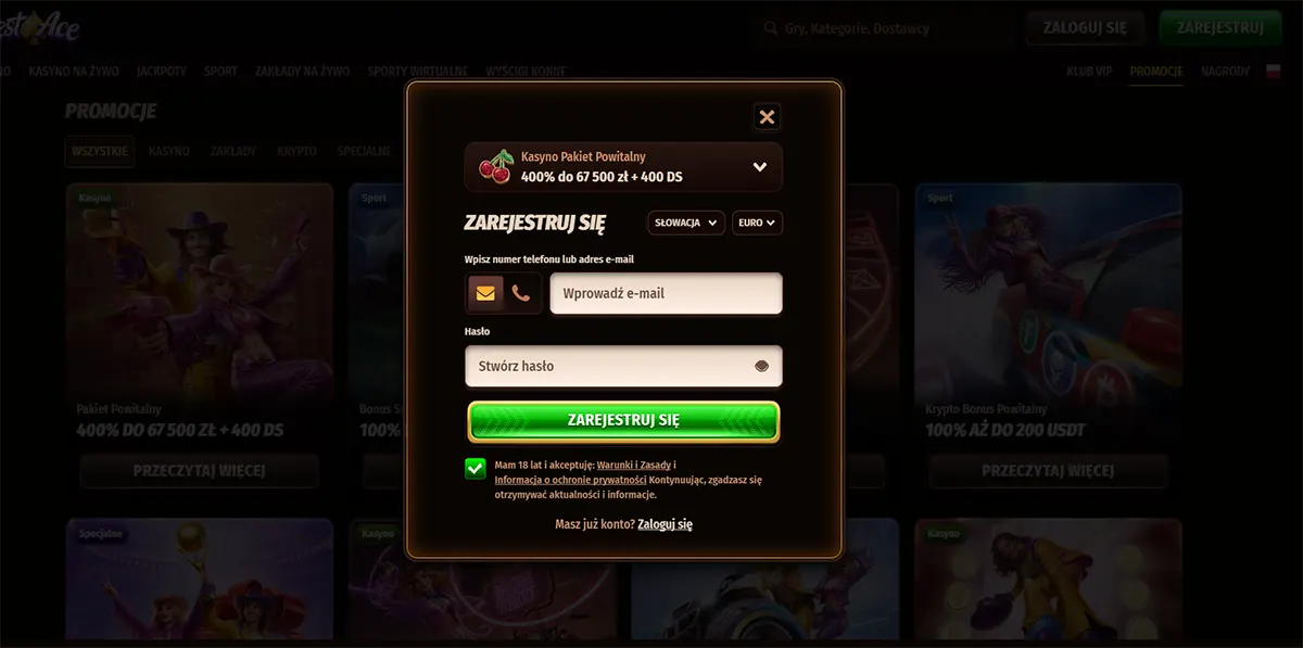 Polish casino sign-up popup with a welcome package offer of 400% up to 67,500 zł plus 400 free spins, featuring email and password fields, a bright green registration button, and a dark promotions background.
